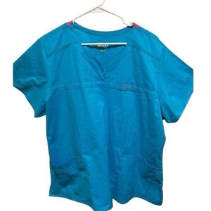WonderWink Wonder Flex Turquoise Blue Pink Trim Shirt Sleeve Scrub Top Sz 2X
